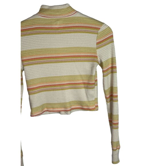 SO Top Womens Small Shirt Waffle Knit Fall Mock Neck Zip Tan Orange Striped - Picture 8 of 14